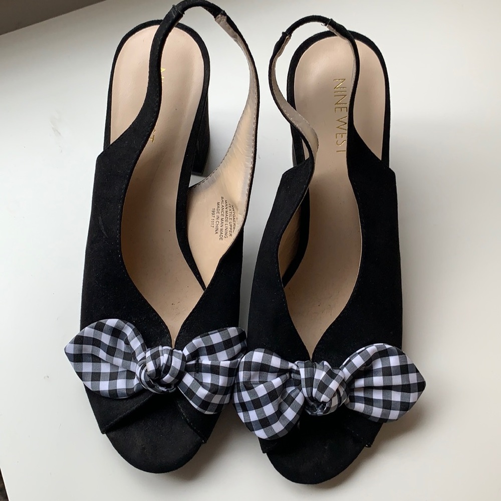 Nine West - Gingham Bow Peep Toe Mid Heels